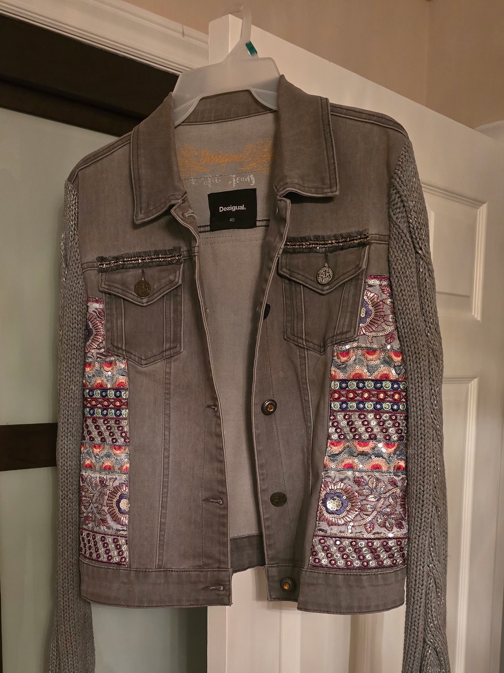 Desigual Gray Denim Jacket with Multicolor Embroidered Panels